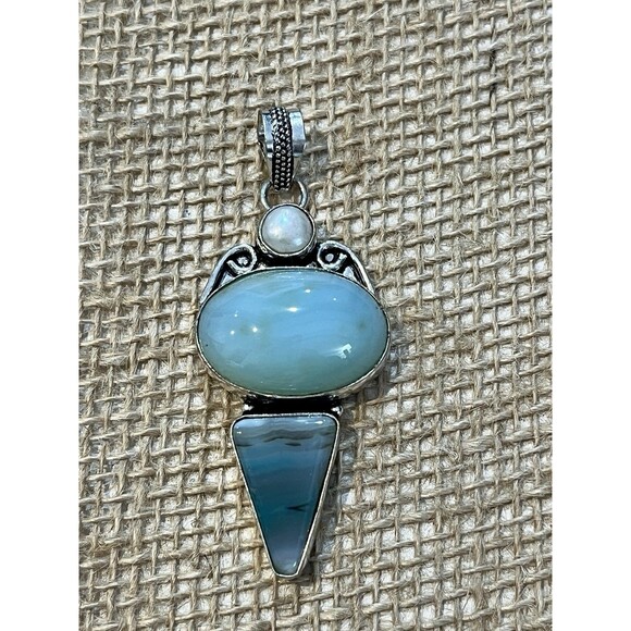 Artisan Signed Larimar & Pearl Sterling Silver Pendant Boho Southwestern - Picture 2 of 10